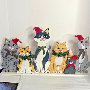 Christmas Group Wood Kitty Cats Table/Standing Decoration Handpainted front/Back